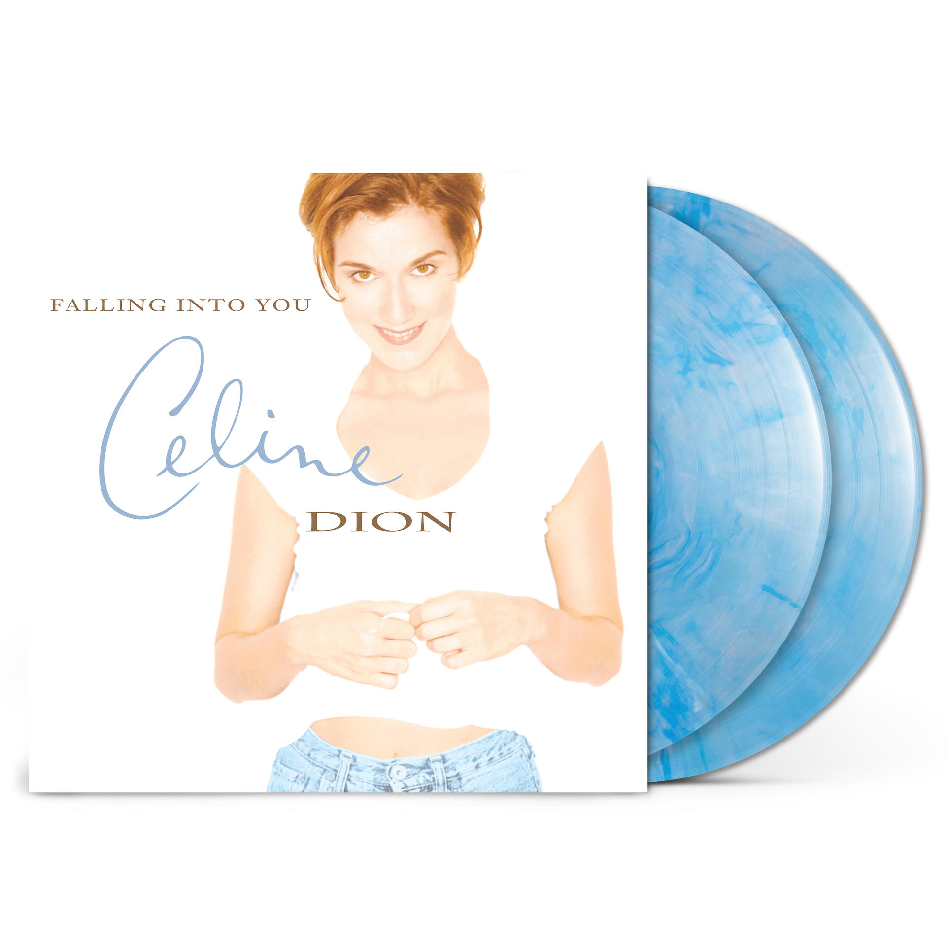 Celine Dions Albumcover "Falling Into You" mit hellblau marmorierten Schallplatten.