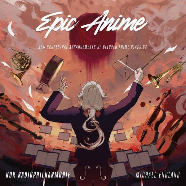 Dirigent leitet Orchester mit Anime-Motiven, Instrumente fliegen.