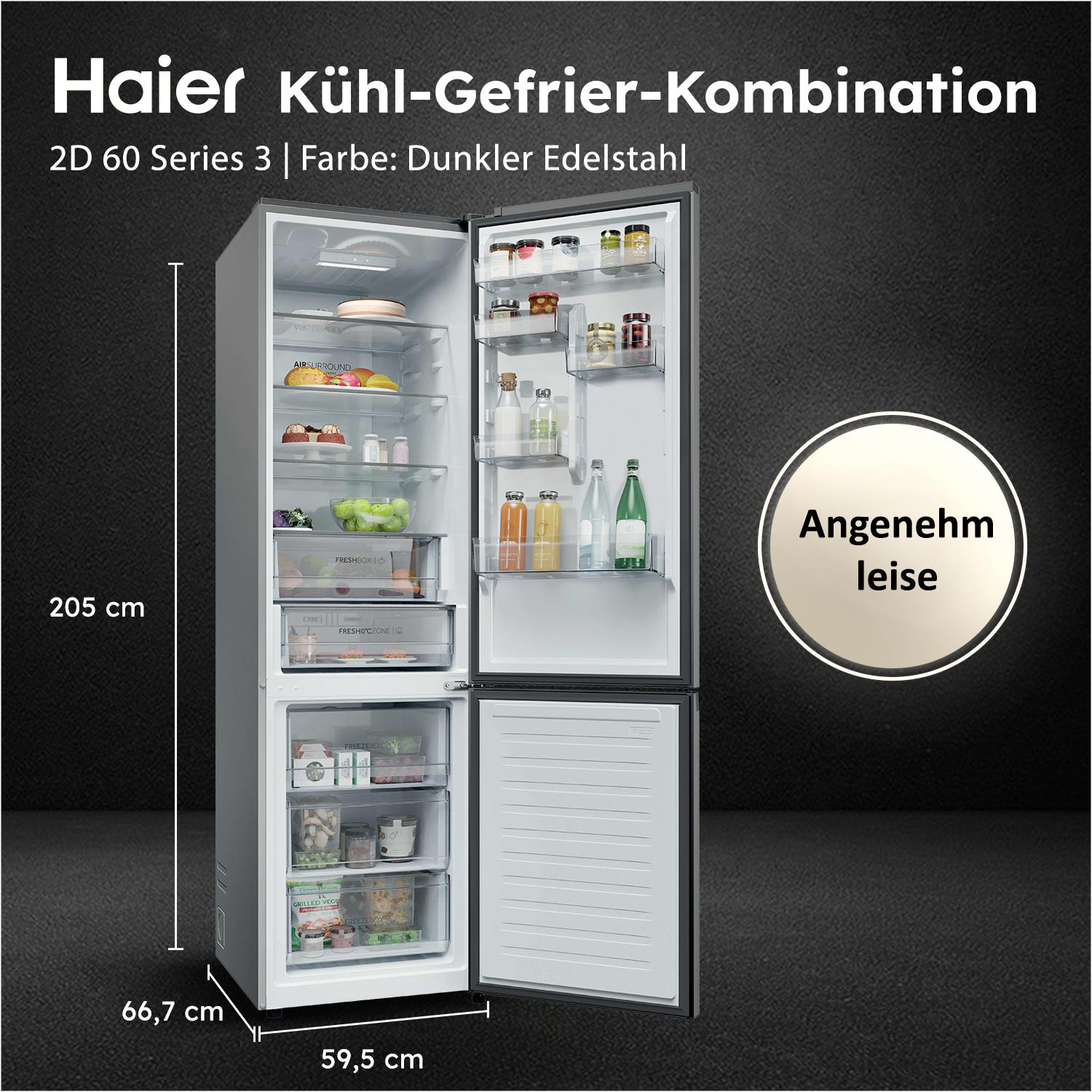 Haier Kühl-Gefrierkombination, 205cm hoch, dunkler Edelstahl, mit offenen Türen.