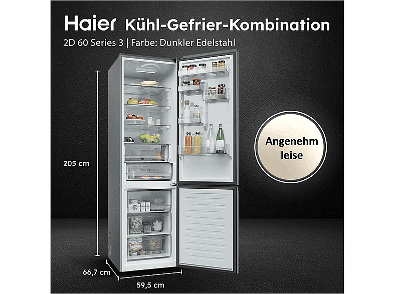 HAIER HDPR3620CNPD 2D 60 Series 3 Kühlgefrierkombination (C, 409 l, 2050 mm hoch, Dark Inox)