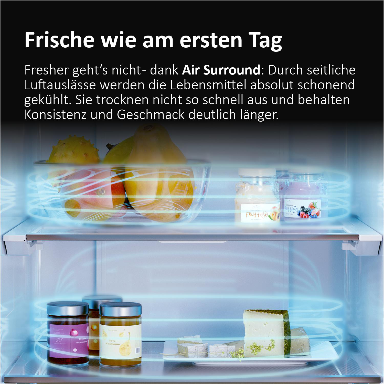 Obst und Marmelade im Kühlschrank mit zirkulierender Luft.