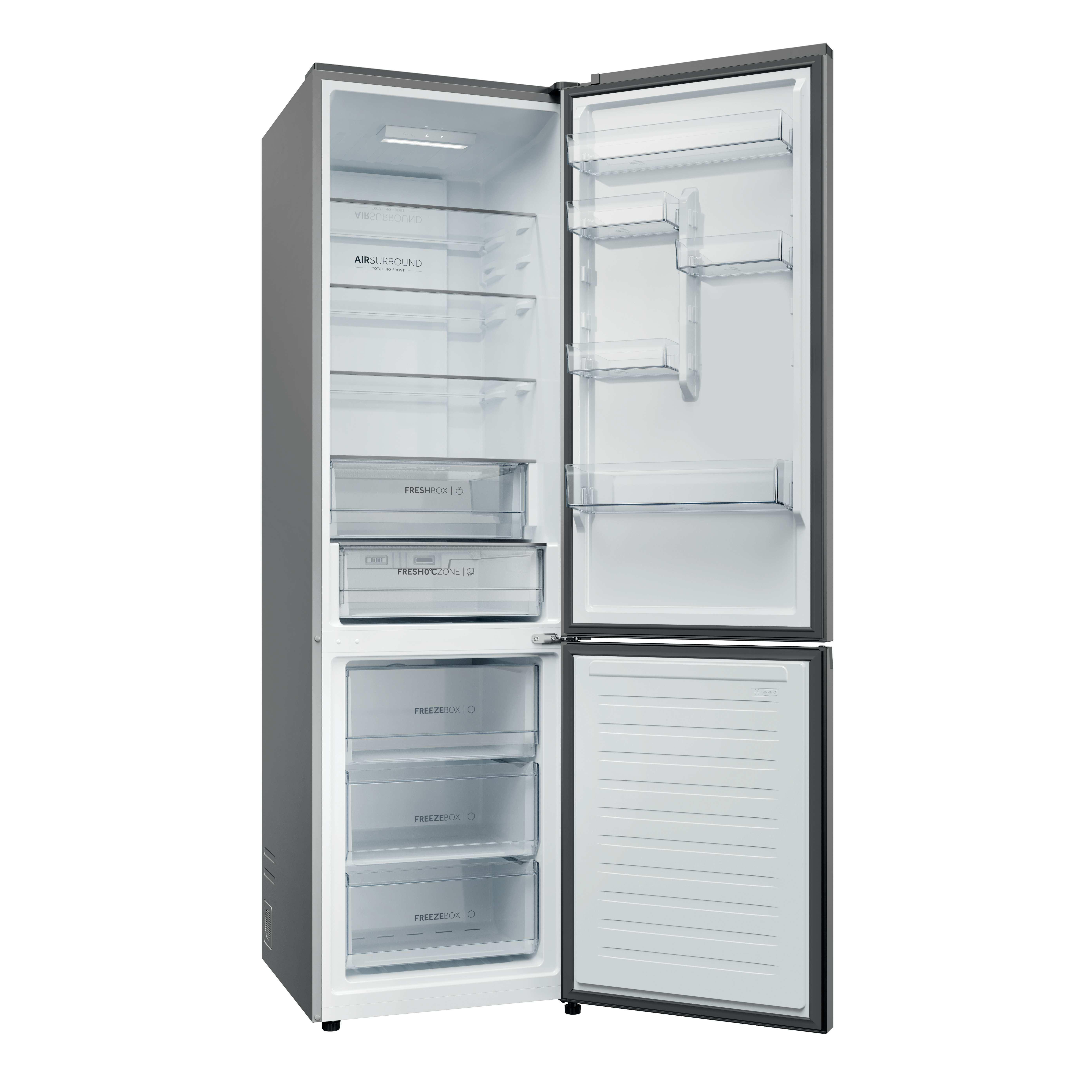 Ein offener, grauer Kühlschrank mit mehreren Fächern und Schubladen.