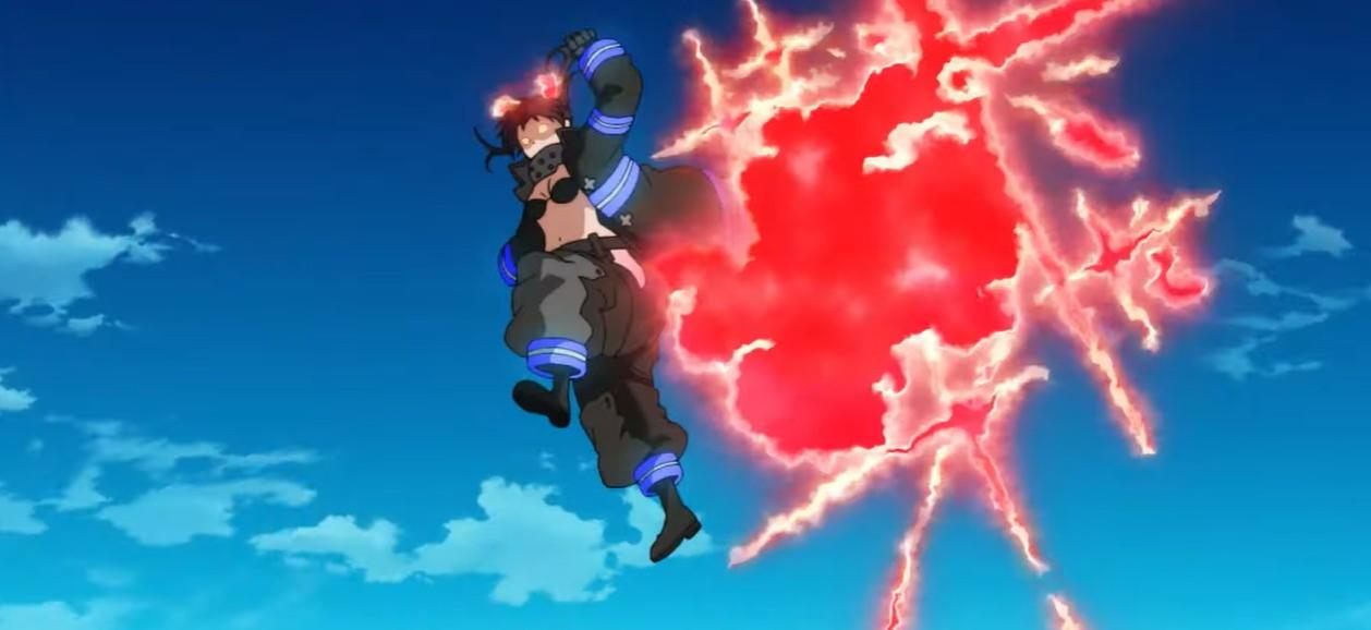 Ein Anime-Charakter mit roten Flammen, der sich gegen einen blauen Himmel bewegt.
