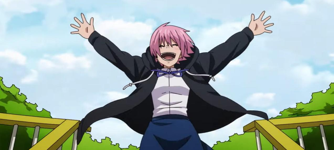 Eine Anime-Figur mit rosa Haaren jubelt mit ausgestreckten Armen.
