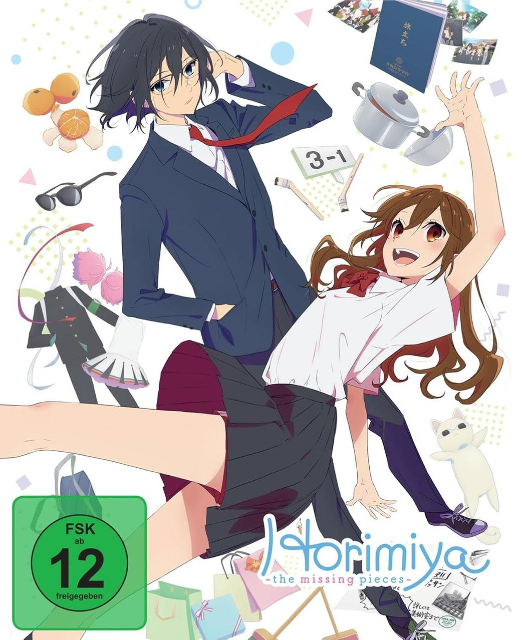 Anime-Poster mit zwei Schülern, Orangen, Kochtopf, Büchern und Einkaufstaschen.