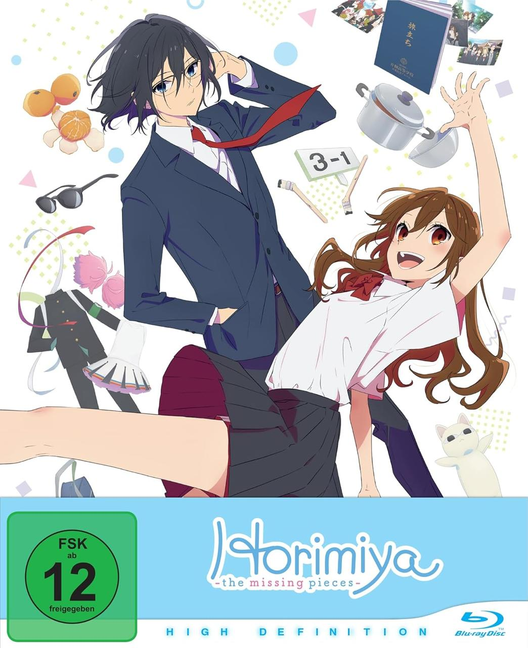 Anime-Charaktere mit Schuluniformen, Orangen und Kochgeschirr.