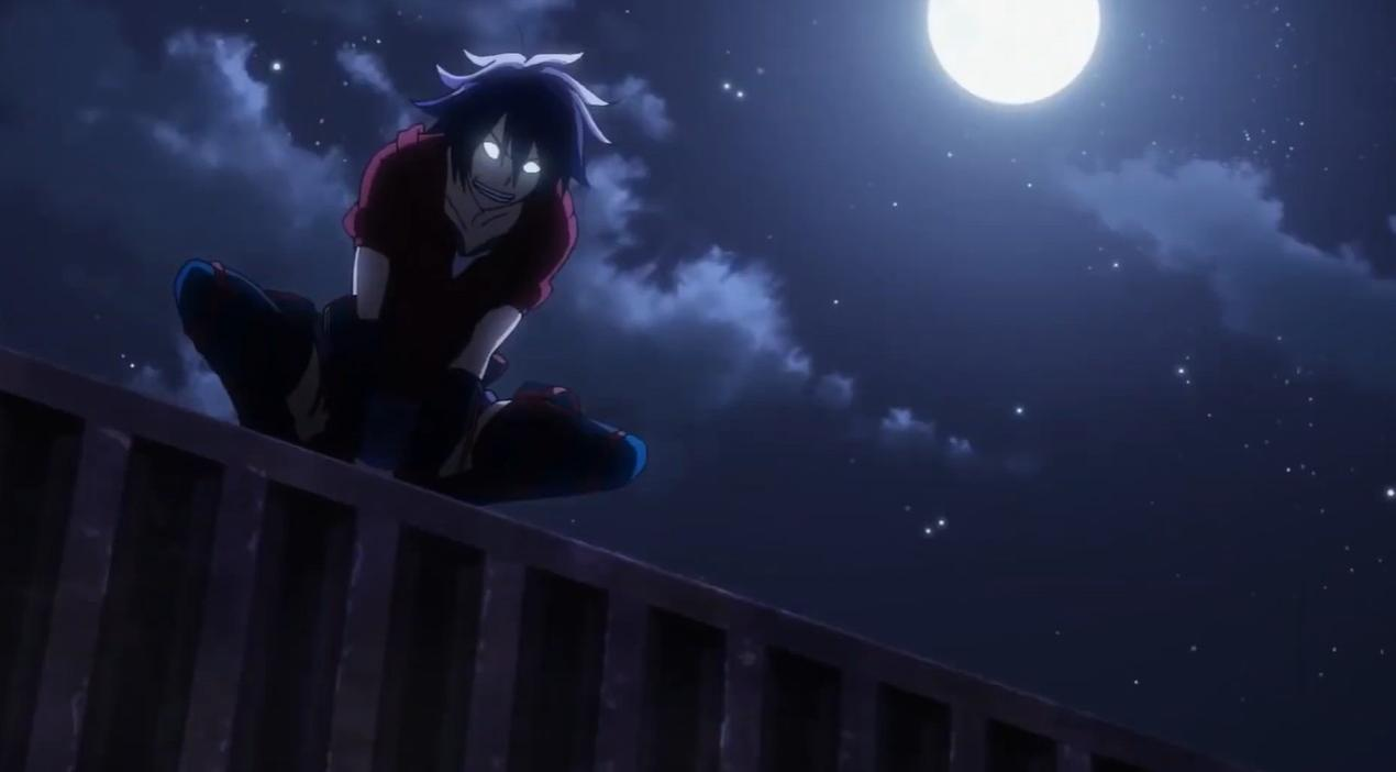 Ein Anime-Charakter mit leuchtenden Augen sitzt auf einem Zaun bei Nacht.