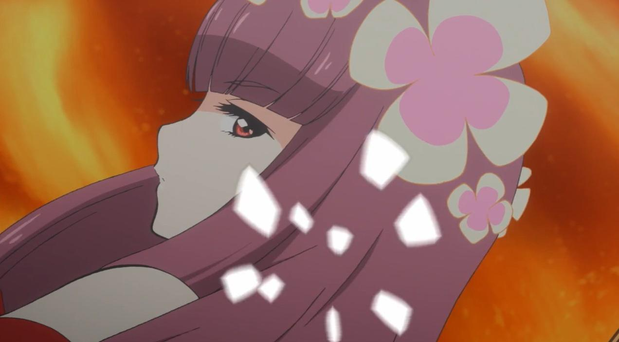 Anime-Mädchen mit lila Haaren und Blumenaccessoires vor orangefarbenem Hintergrund.