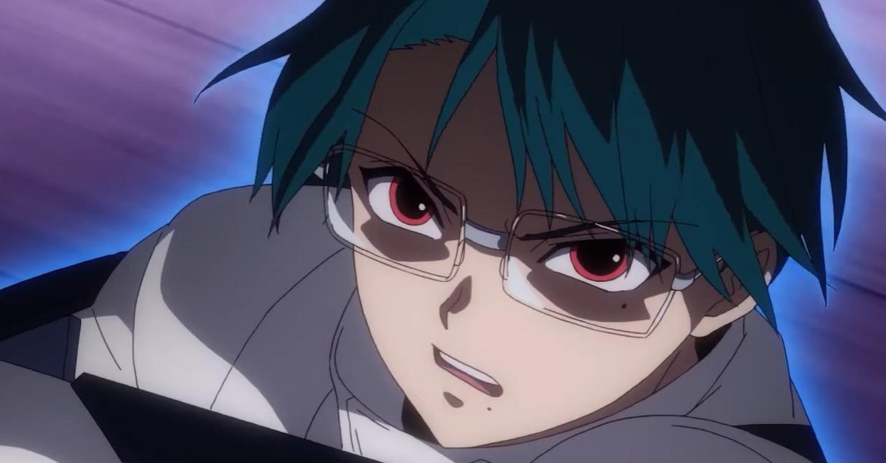 Anime-Charakter mit Brille und tealem Haar, rote Augen, blickt nach vorne.
