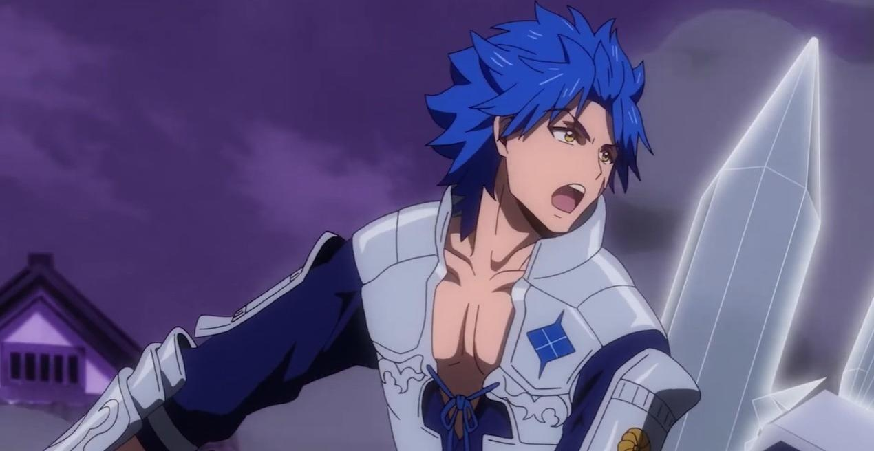 Ein Anime-Charakter mit blauen Haaren in Rüstung hält ein Kristallschwert.