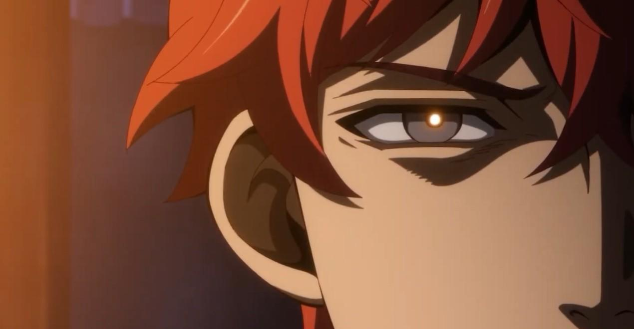 Anime-Nahaufnahme eines Mannes mit roten Haaren und einem leuchtenden Auge.