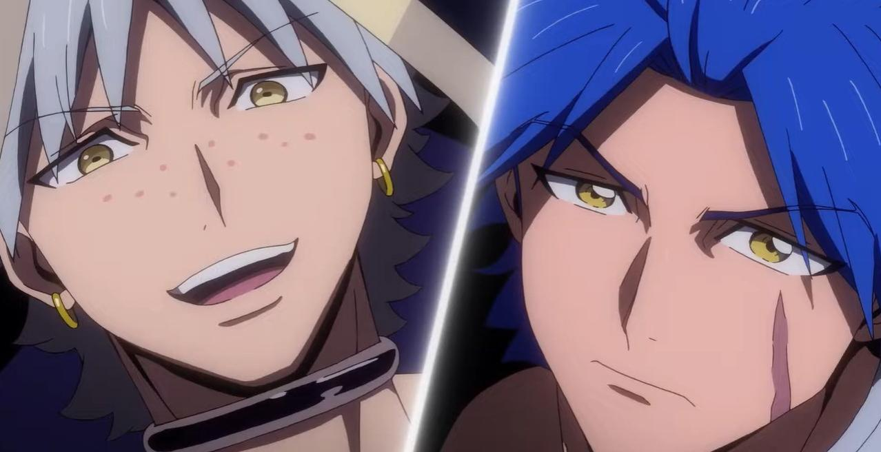 Zwei Anime-Männer mit gelben Augen; einer mit silbernem Haar, der andere mit blauem Haar.
