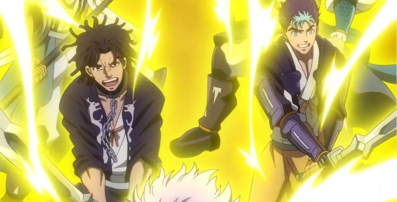 Anime-Charaktere mit Schwertern vor gelbem Lichtstrahl.