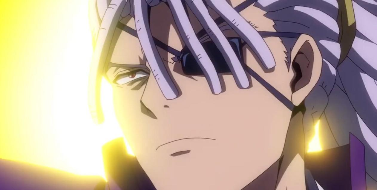 Anime-Charakter mit weißen Haaren, Augenklappe, vor hellem gelben Hintergrund.