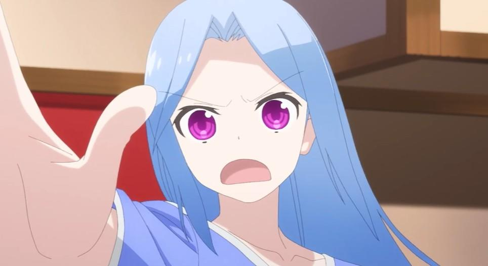 Ein Anime-Mädchen mit blauen Haaren und lila Augen blickt wütend.