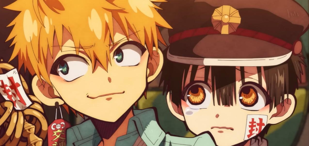 Zwei Anime-Jungen, einer mit orangefarbenem Haar und ein anderer mit dunklem Haar und Hut.