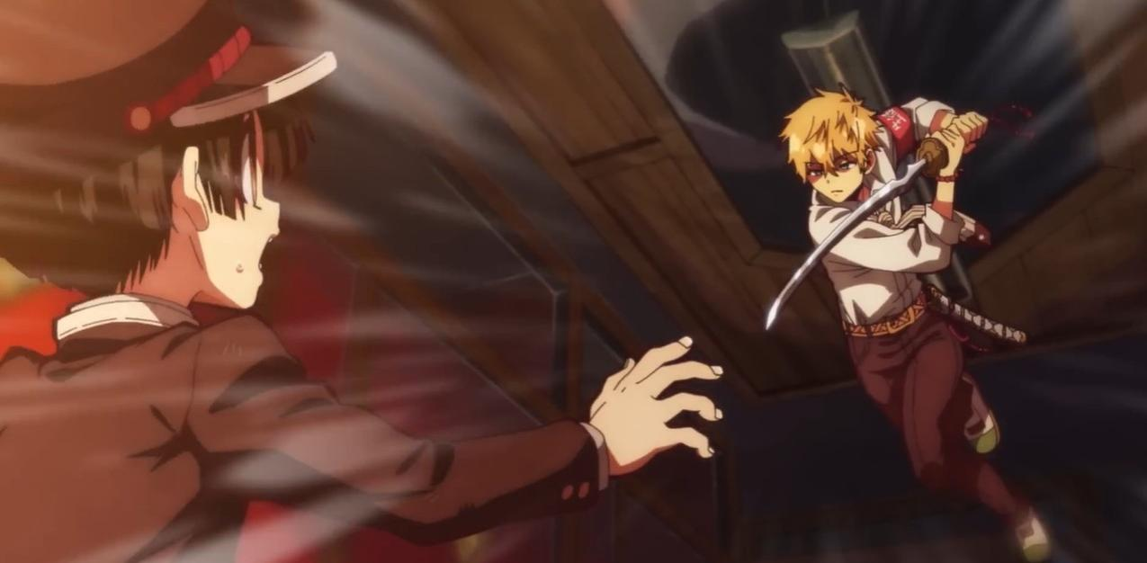 Zwei Anime-Charaktere kämpfen, einer mit einem Schwert, der andere im braunen Anzug.