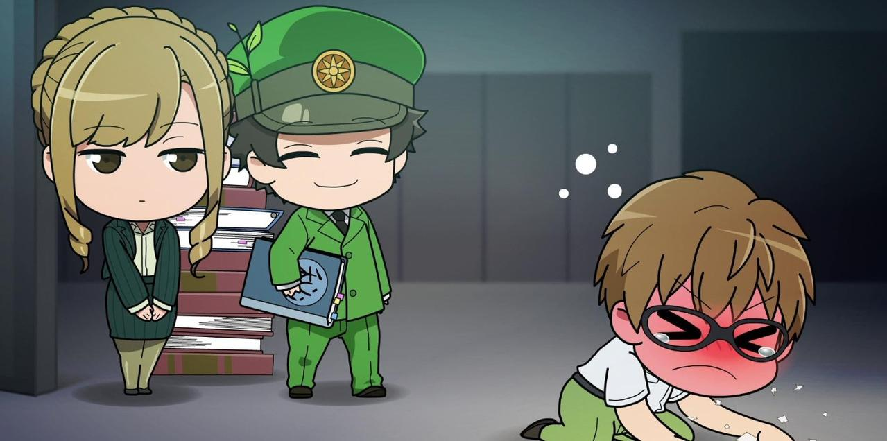 Zwei Anime-Figuren stehen, eine kniet und weint. Ein Stapel Bücher ist sichtbar.
