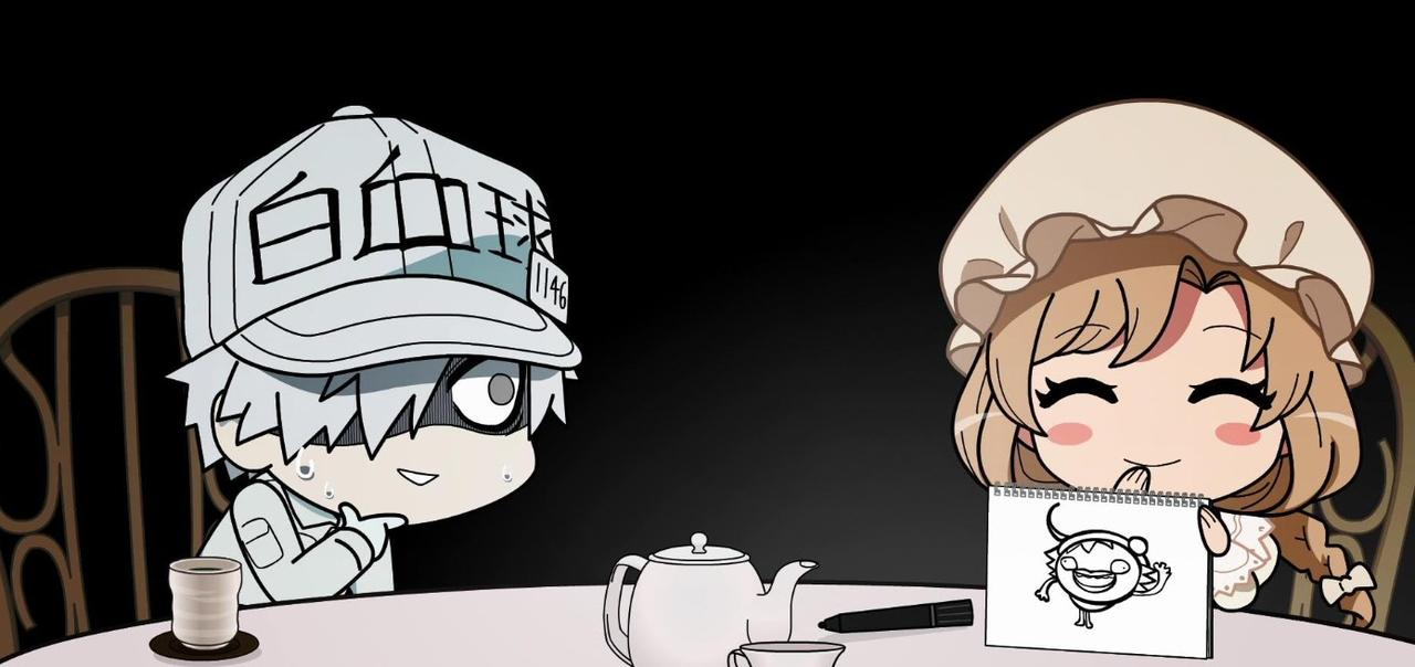 Zwei Anime-Charaktere sitzen an einem Tisch mit einer Teekanne und Tassen. Einer zeichnet.