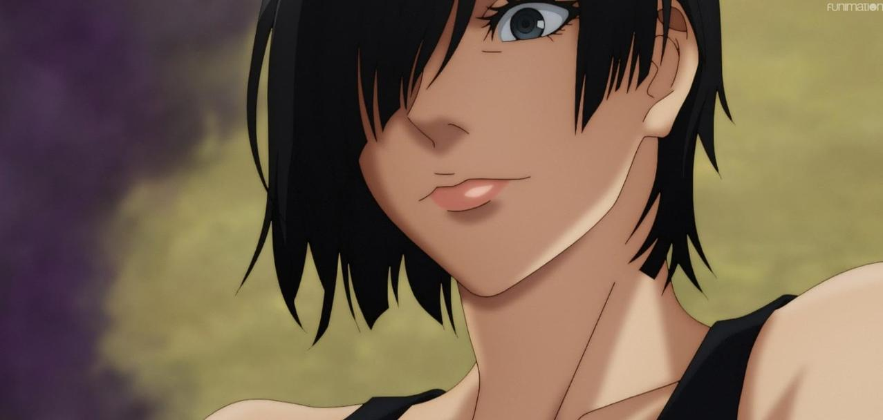 Anime-Porträt einer jungen Frau mit schwarzem Haar und blauen Augen.
