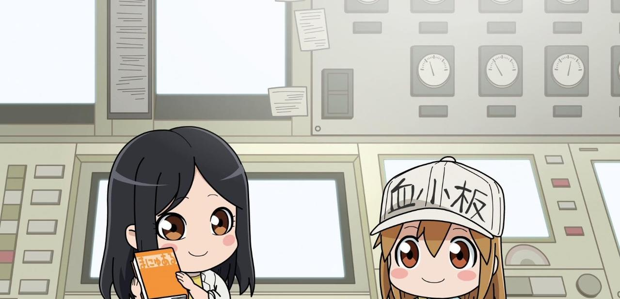 Zwei Anime-Mädchen stehen vor einem Bedienfeld mit Anzeigen und Knöpfen.