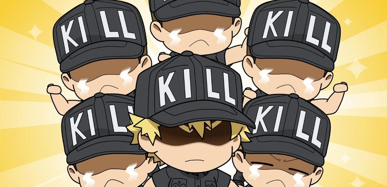Fünf traurige Anime-Charaktere mit Kappen mit der Aufschrift 'KILL' weinen.