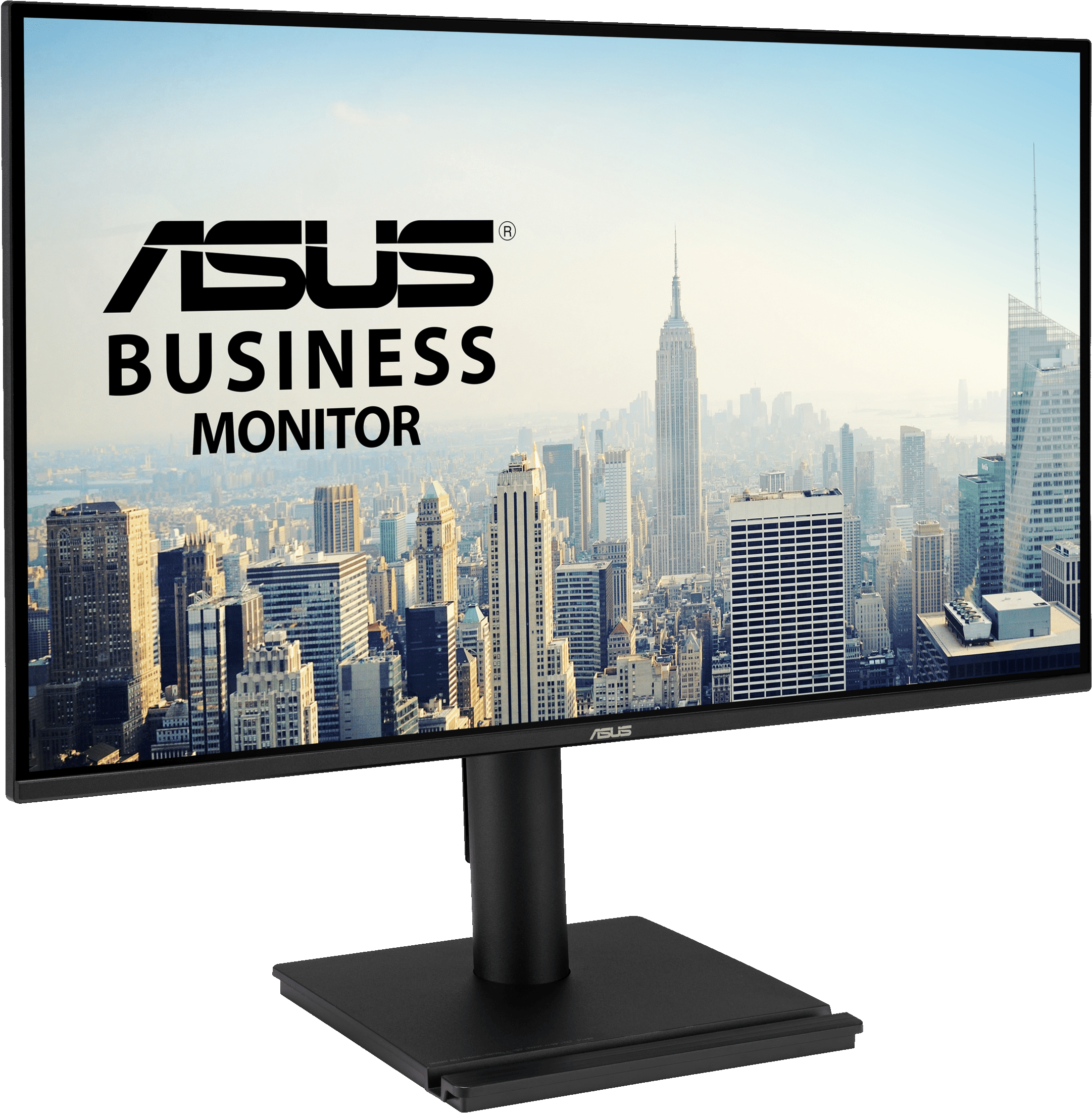 Un monitor ASUS nero mostra un paesaggio urbano con l'Empire State Building.
