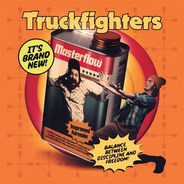 Truckfighters Albumcover mit Dose, Männern und Textblasen auf orangefarbenem Hintergrund.