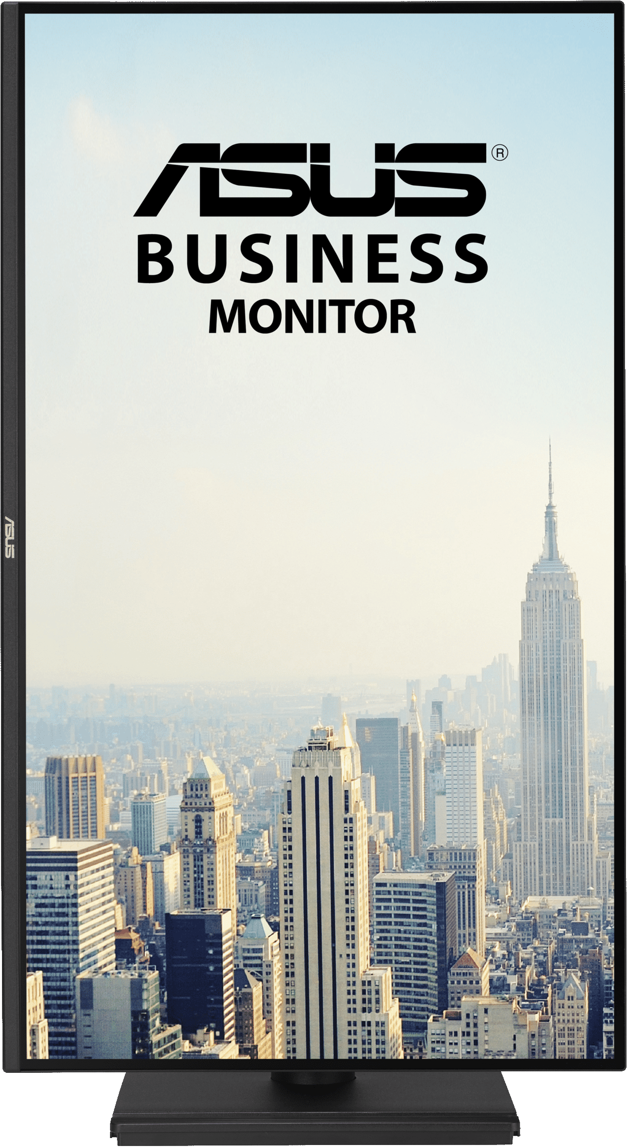 Logo ASUS Business Monitor su skyline di New York con l'Empire State Building.