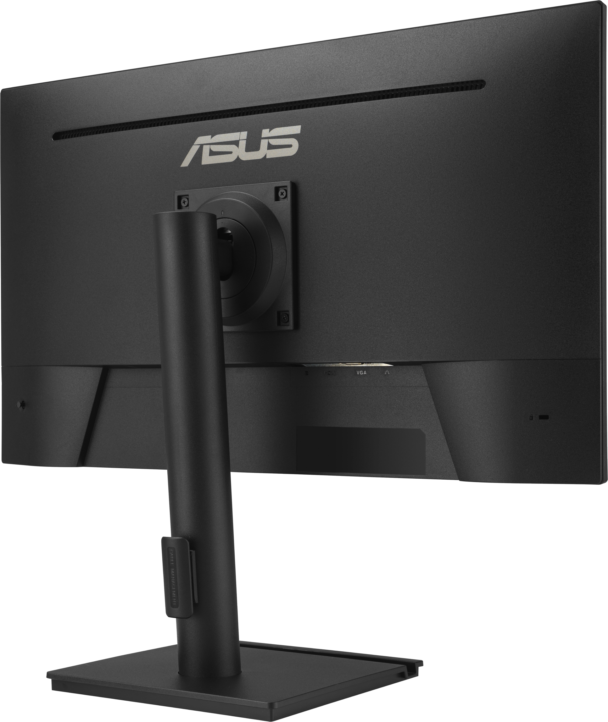 Vista posteriore di un monitor Asus nero con supporto e porte.