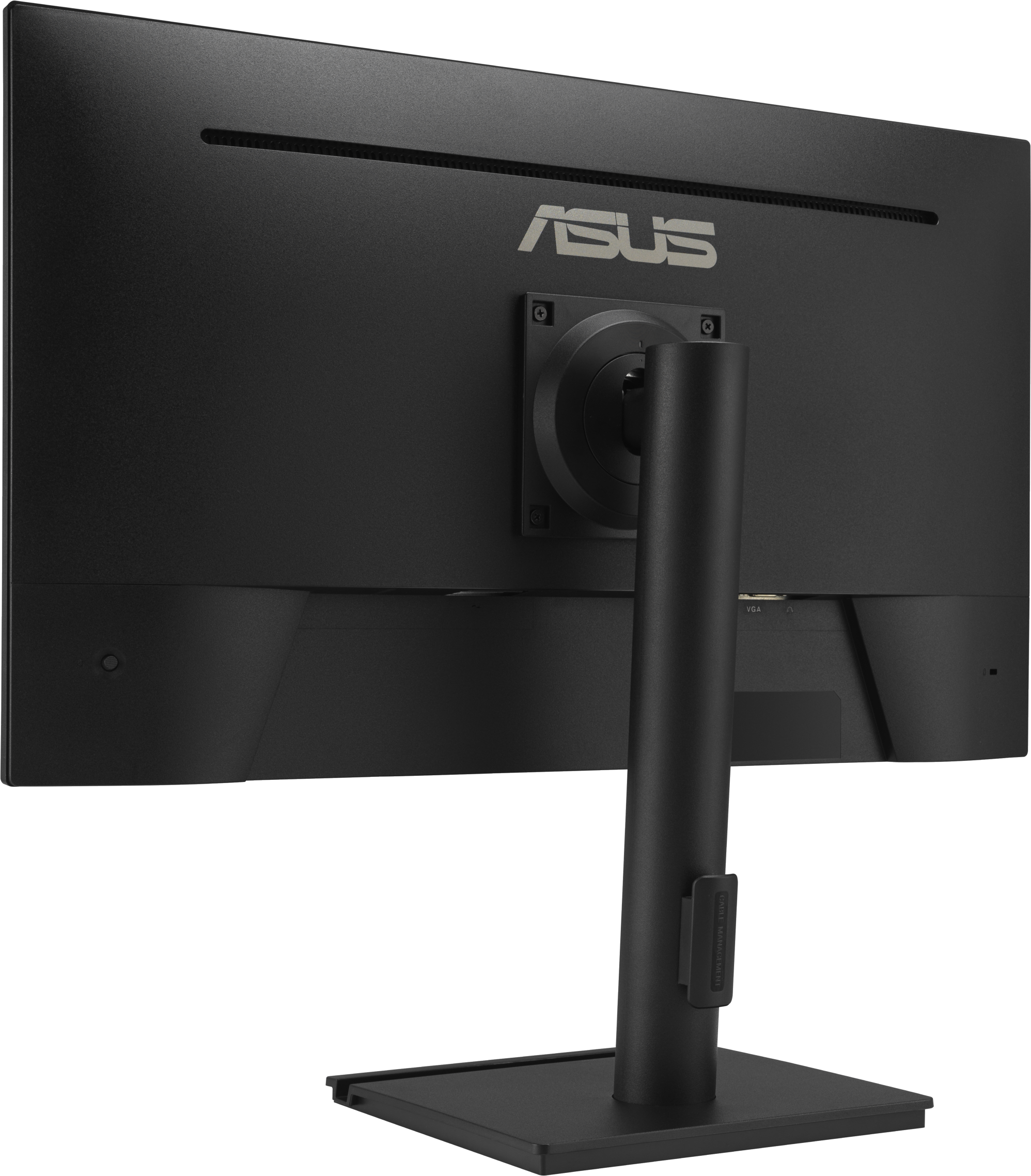 Vista posteriore di un monitor ASUS nero con supporto e porte.