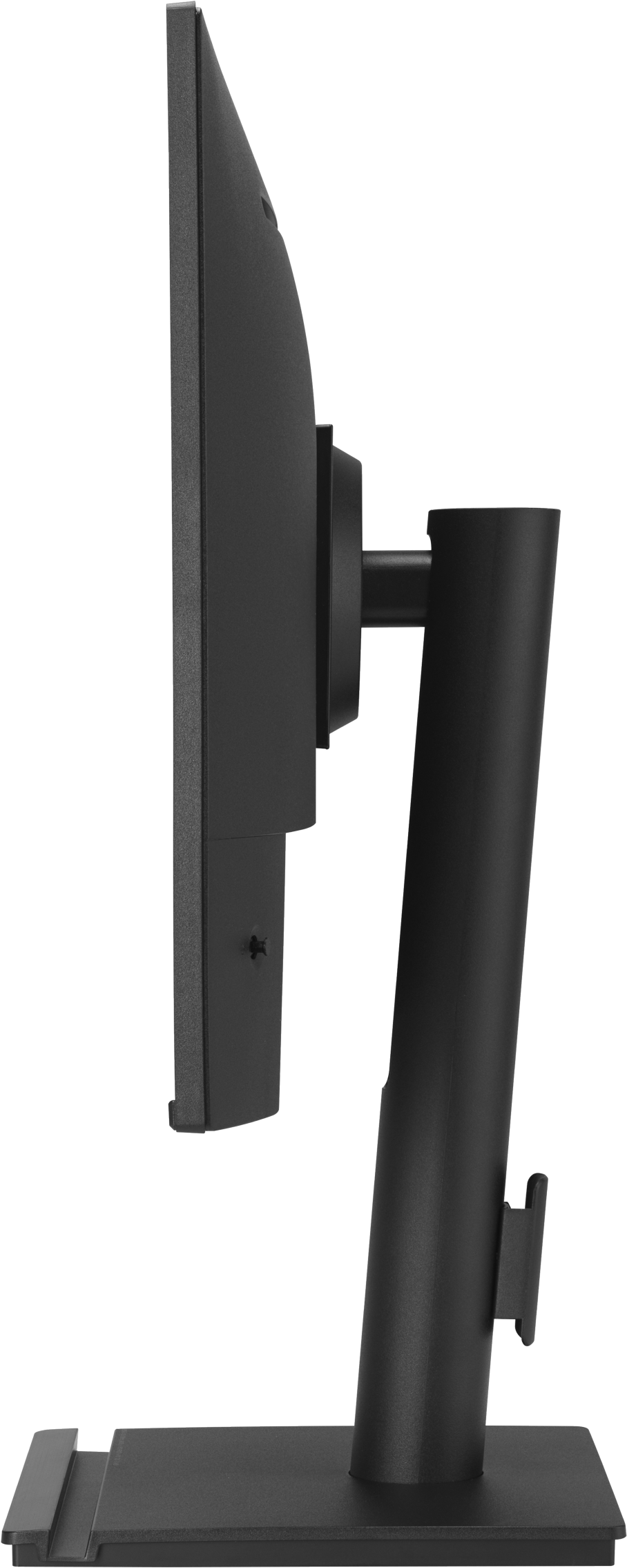 Monitor nero di profilo su sfondo bianco con supporto.