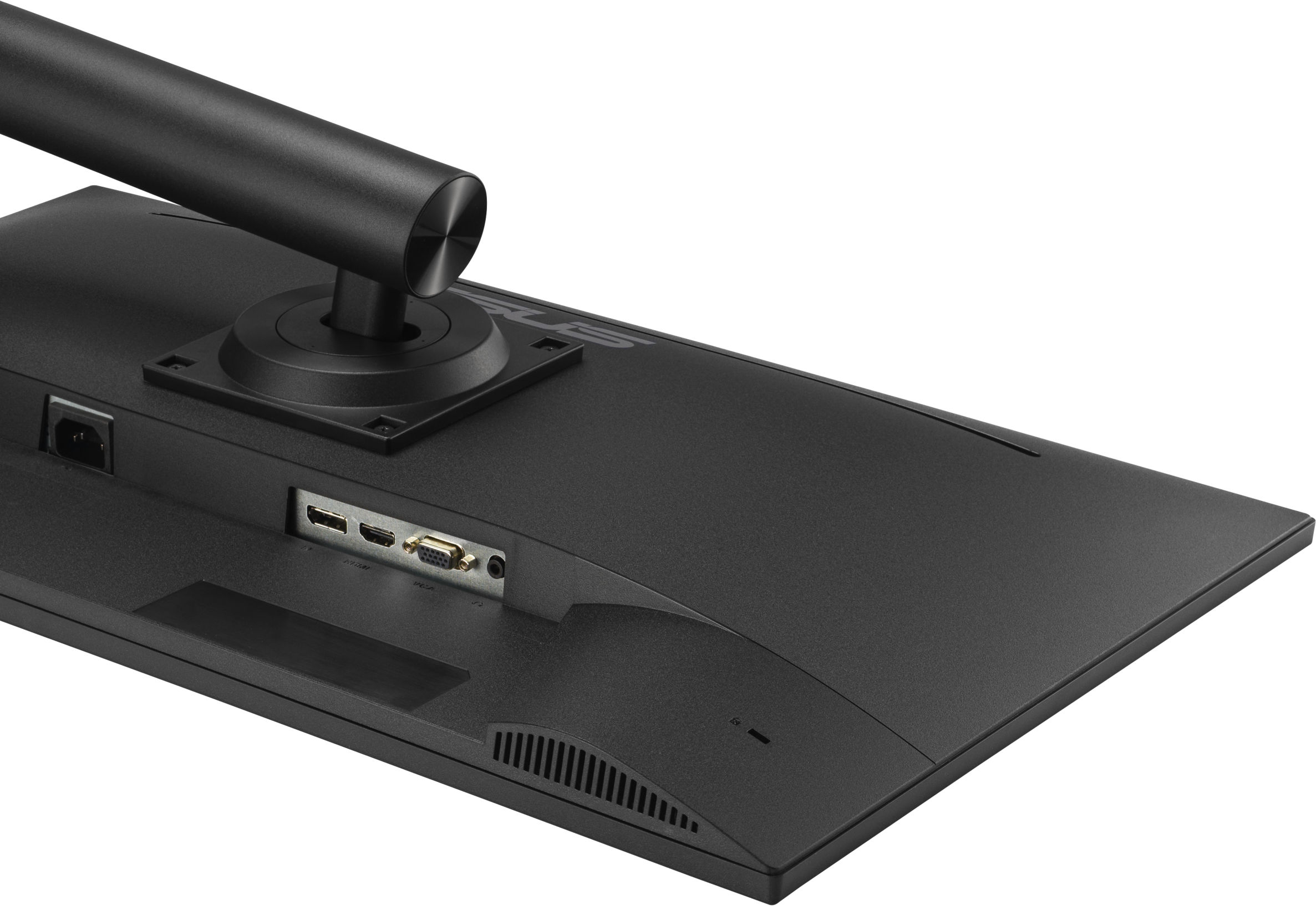 Retro di un monitor nero con porte di alimentazione, HDMI, VGA e audio.