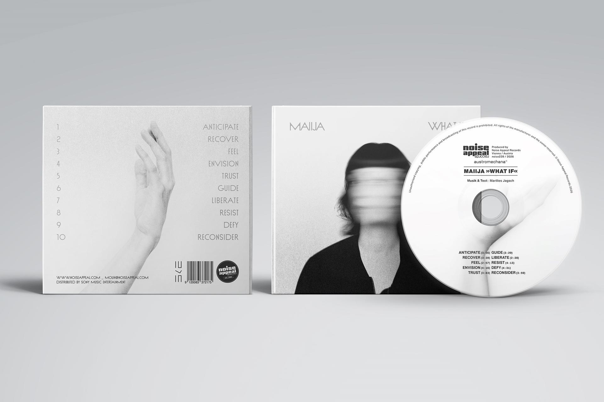 CD-Cover mit Titel und Trackliste. Links eine Hand, rechts eine Person mit unscharfem Gesicht.