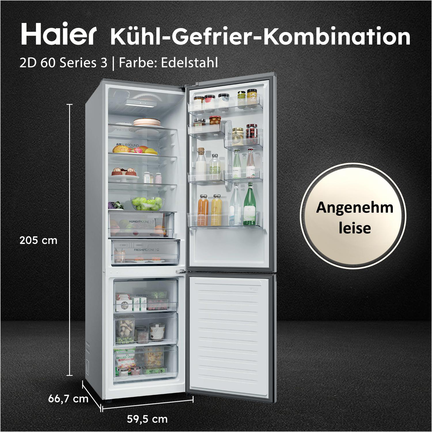 Edelstahl-Kühl-Gefrierkombination mit offenen Türen, Maße und Lebensmittel.