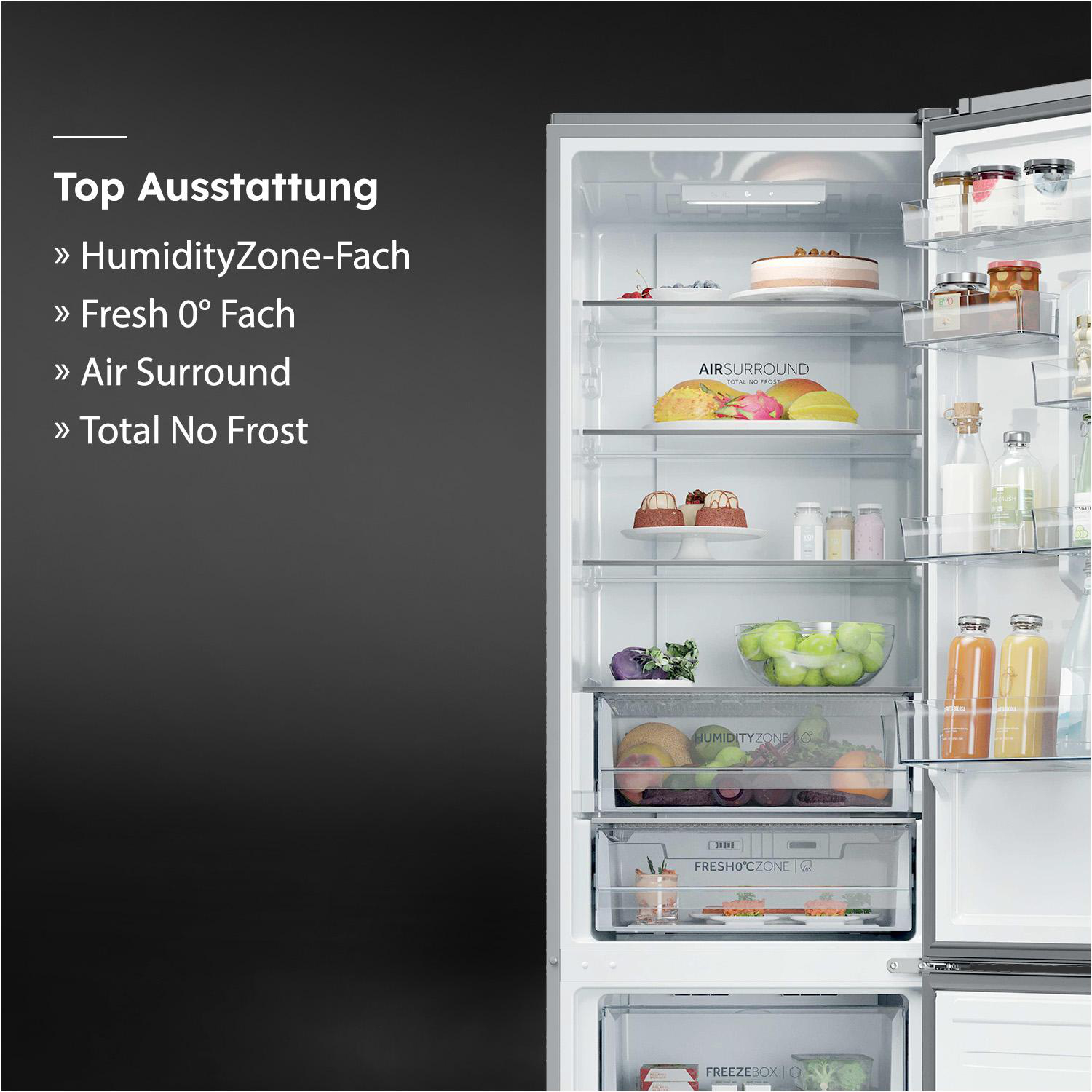 Ein offener Kühlschrank mit Lebensmitteln wie Kuchen, Obst, Gemüse und Getränken.