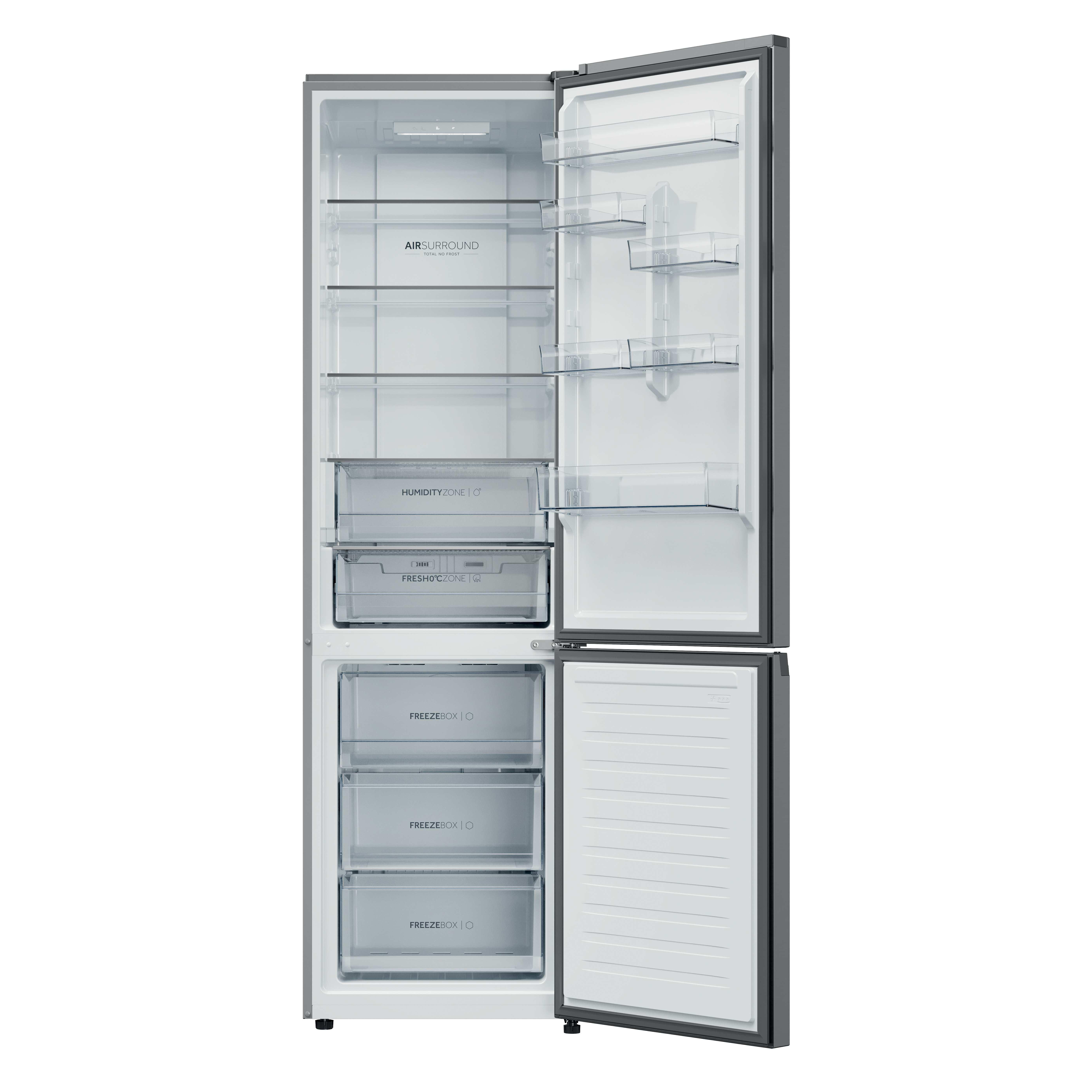Ein offener Kühlschrank mit mehreren Fächern und Schubladen. Weißer Innenraum.