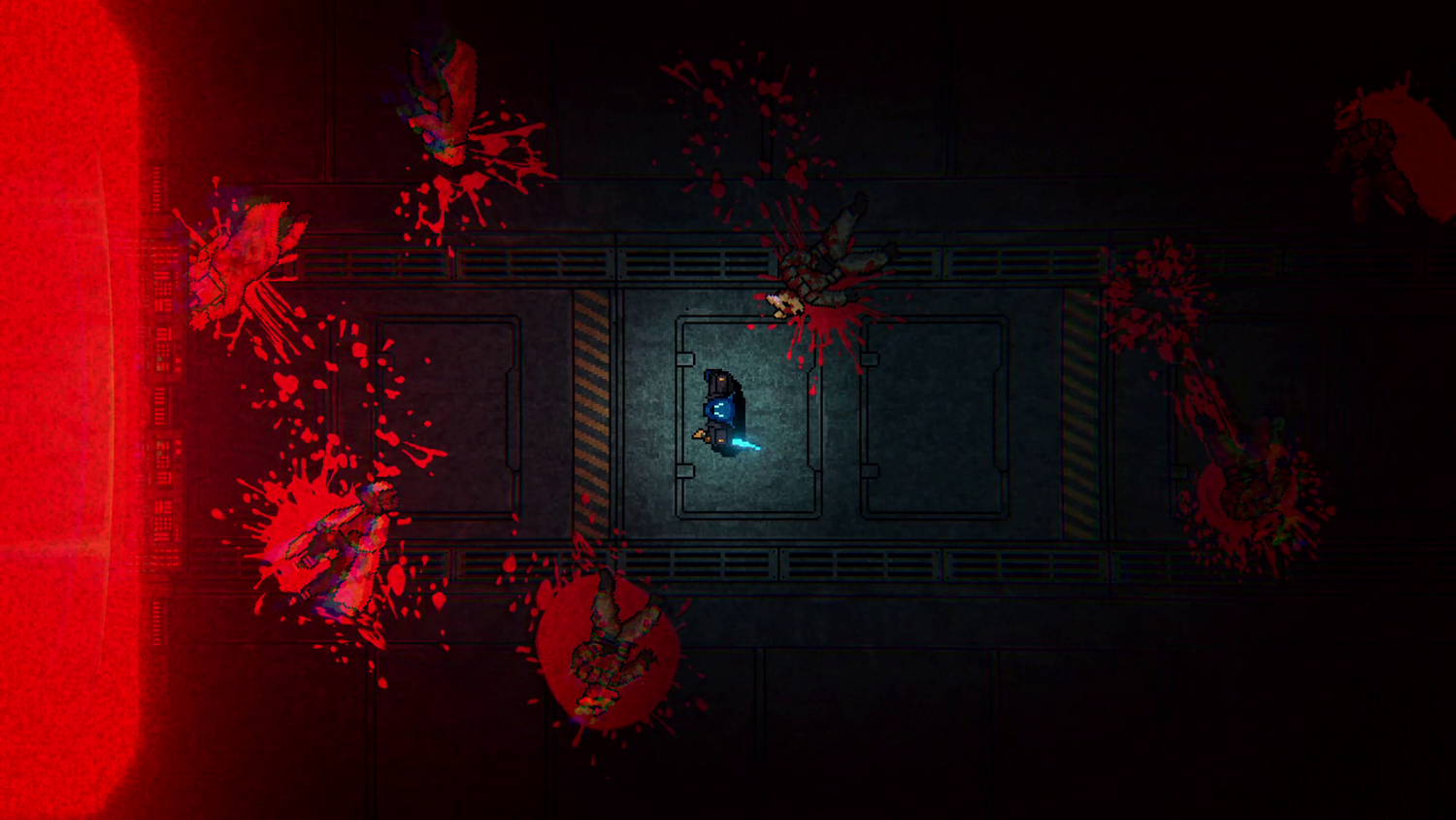Un personaje con un cuchillo azul yace entre sangre y cadáveres.