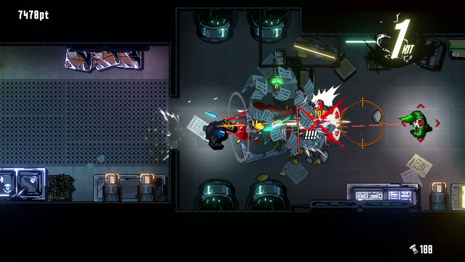 Un jugador dispara a enemigos en un juego de ciencia ficción pixelado.