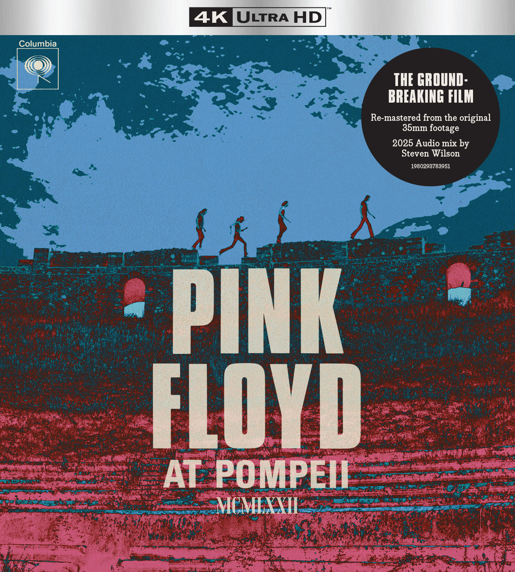 Pink Floyd bei Pompeji Titelbild mit vier Silhouetten auf einer Mauer.