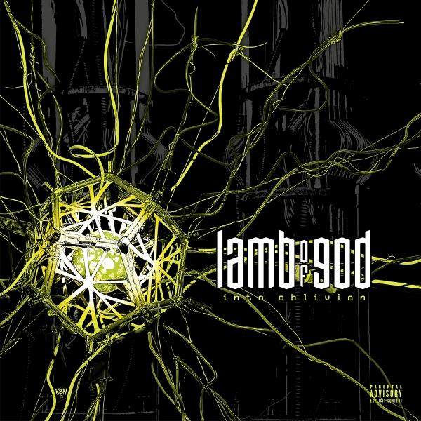Abstraktes gelbes Objekt mit Kabeln vor schwarzem Hintergrund, Lamb of God-Logo.