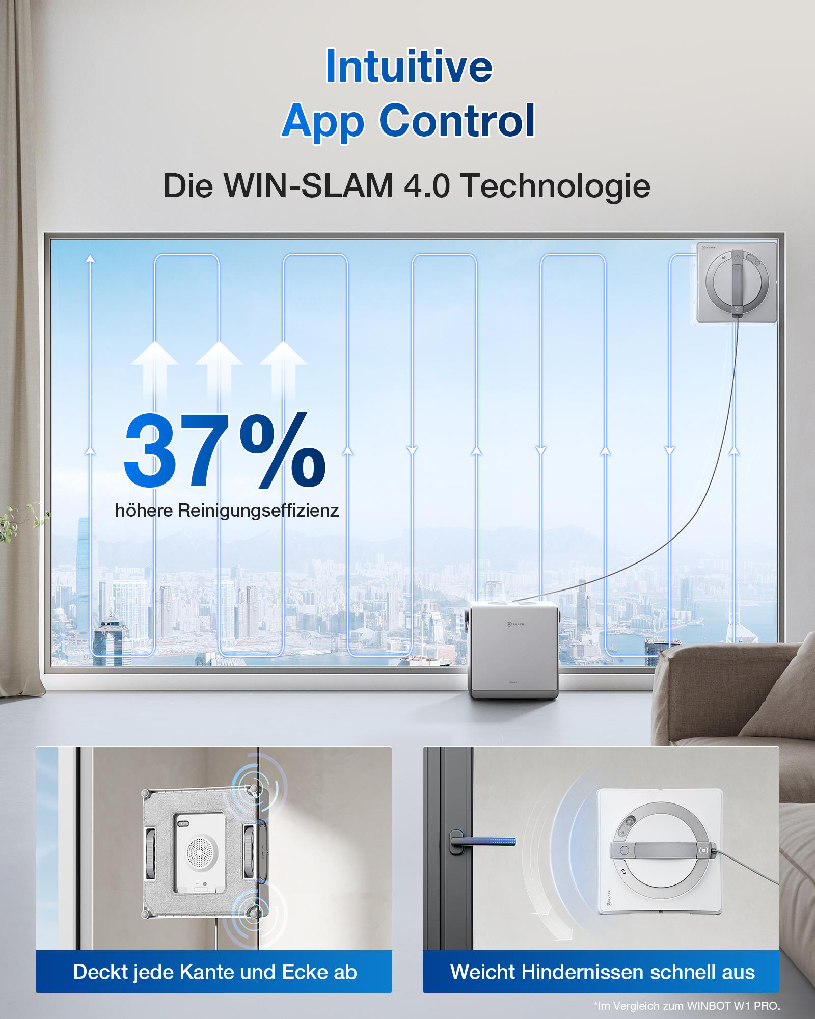 Ein Fensterputzroboter reinigt ein Fenster mit einem Stadtbild im Hintergrund.