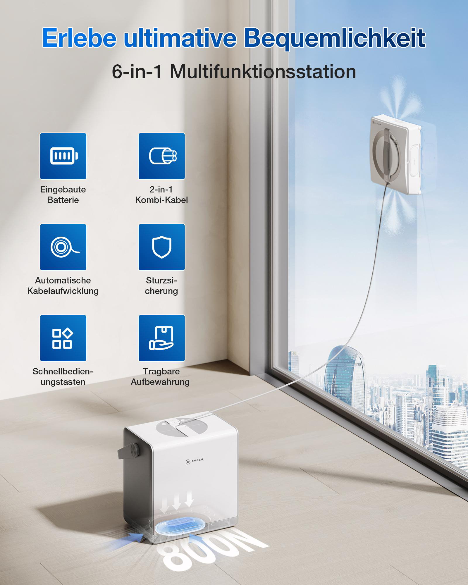 Ein Fensterreinigungsroboter mit Station und 6 Funktionen. Stadtblick.