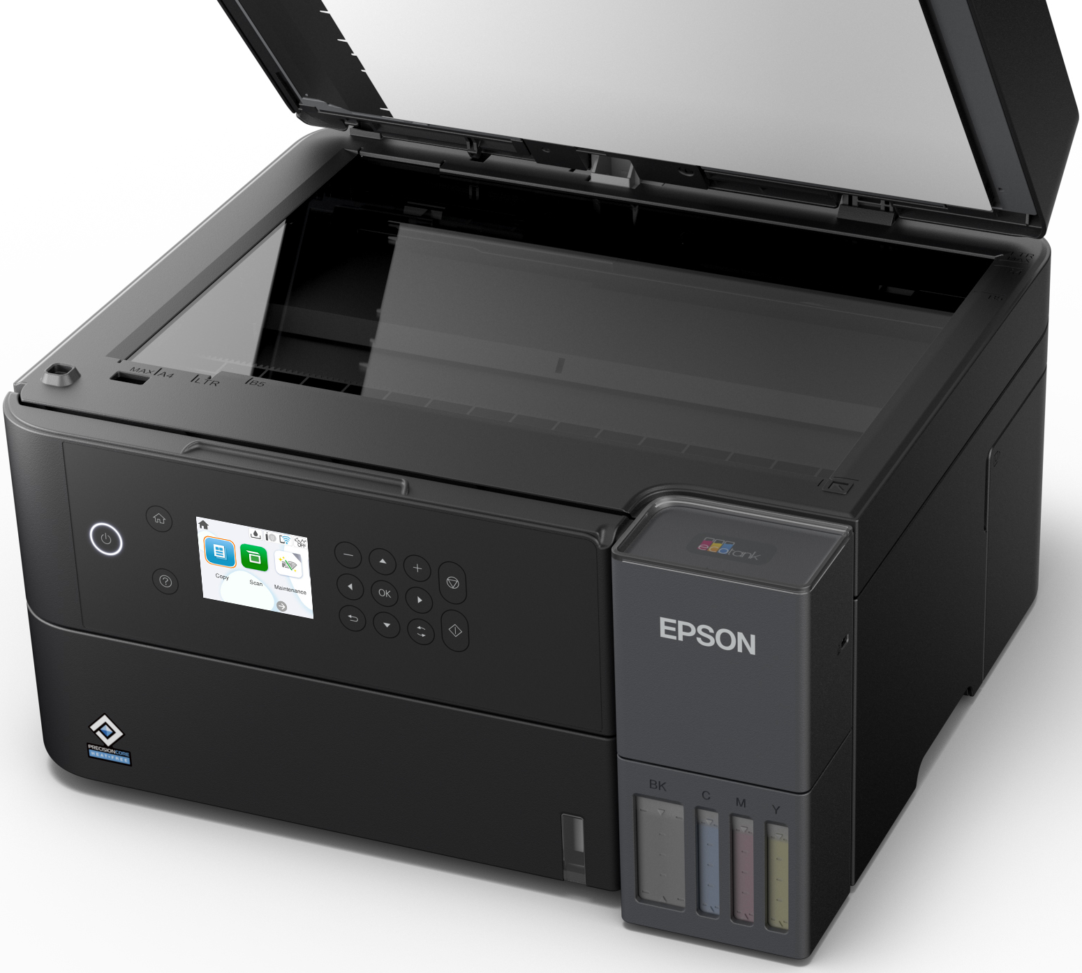 Schwarzer Epson Drucker mit Scanner, offener Deckel, Farbdisplay und Tintenbehältern.