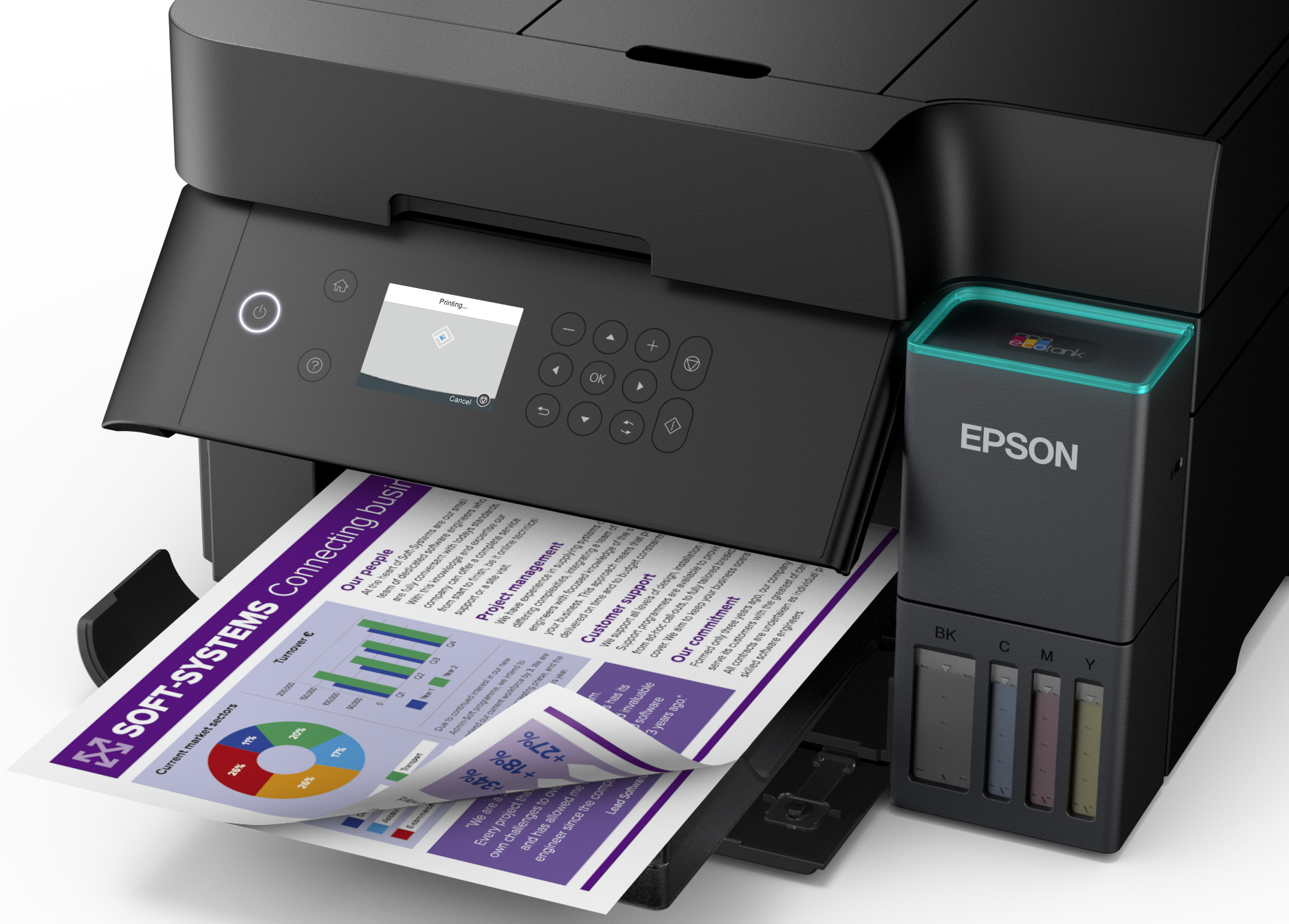 Ein schwarzer Epson EcoTank Drucker druckt ein Dokument mit Diagrammen und Text.