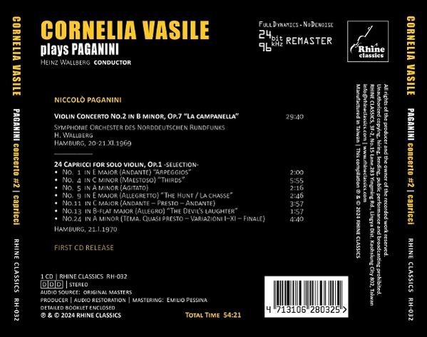 CD-Rückseite: Cornelia Vasile spielt Paganini. Enthält Violinkonzert Nr. 2 und 24 Capricci.