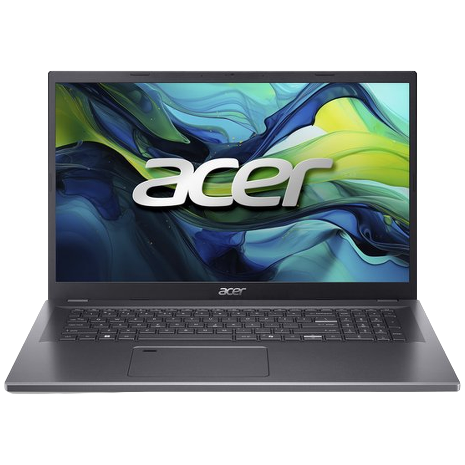 Un ordinateur portable Acer gris fermé avec un fond d'écran coloré.