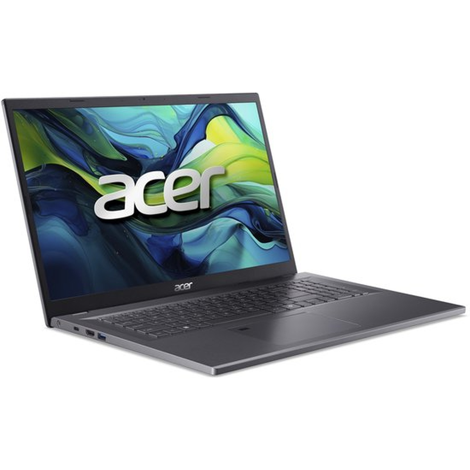 Un ordinateur portable Acer argenté est ouvert, affichant le logo Acer sur un fond abstrait coloré.