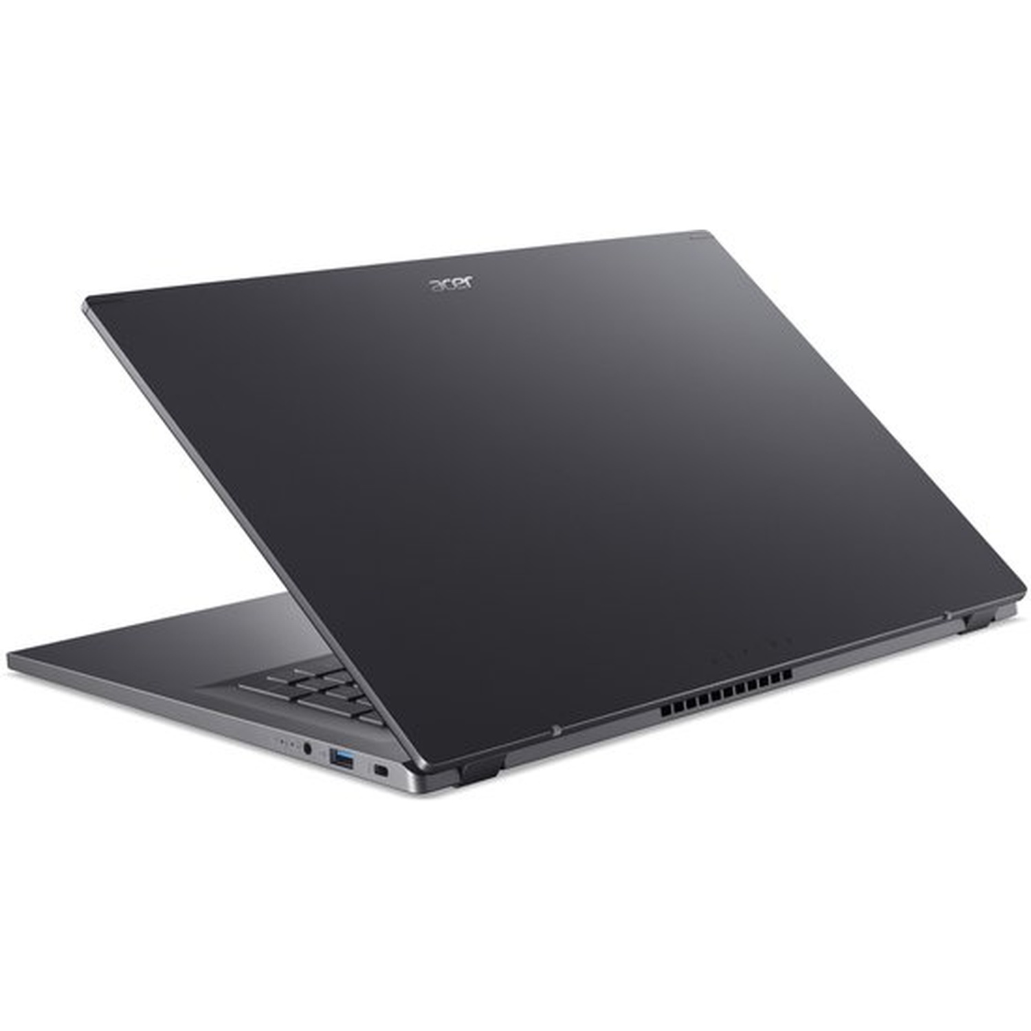 Un ordinateur portable Acer fermé et sombre aux bords argentés, sur fond blanc.