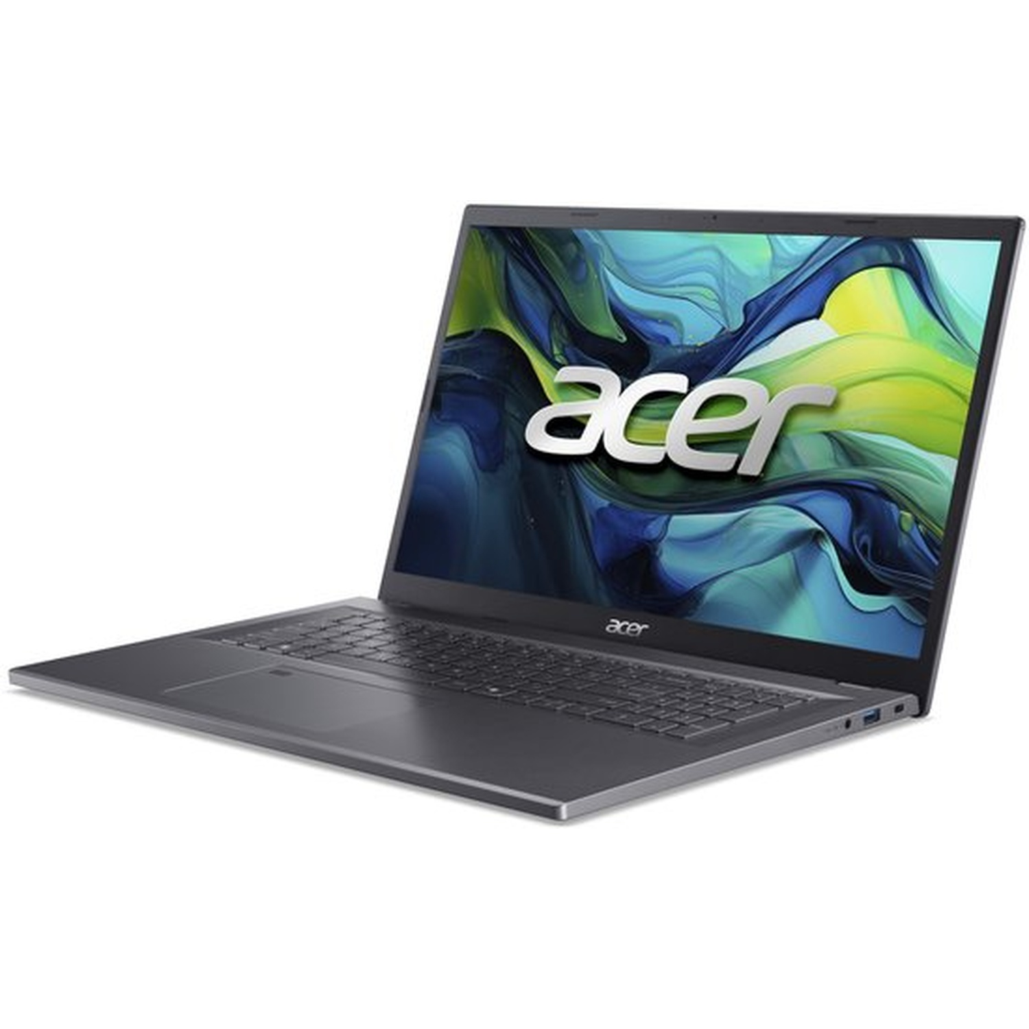 Un ordinateur portable Acer gris ouvert avec un fond d'écran coloré.